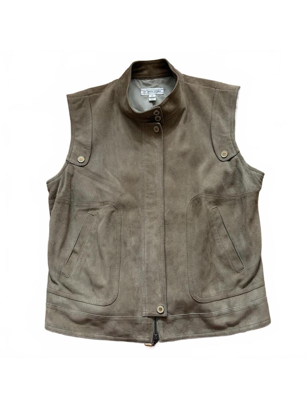 St. John Sport Goat Suede Vest Wool Zip Tan Women's Size Small